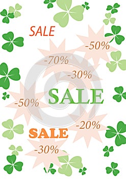 sale banner. Saint Patrick\'s day. Background with green clover leaves. Vector