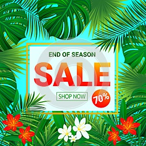 Sale banner. seasonal promotion poster. Summer Tropic sellout design.Floral background with exotic tropical flowers