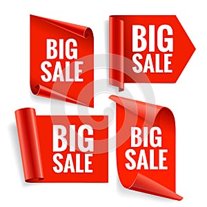 Sale banner set. Realistic Red Glossy paper ribbon