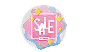 Sale banner with shop now button. Flash deal offer with 3d glare stars. Discount event template. Vector