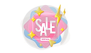 Sale banner with shop now button. Flash deal offer with 3d stars and lightning bolt. Discount event template. Vector