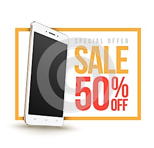 Sale banner with Smartphone discount fifty percent.