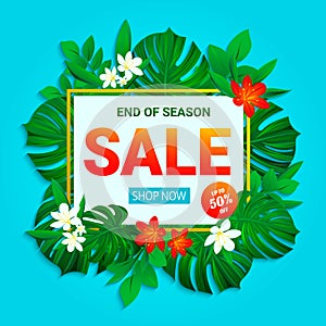 Sale banner. Summer sellout poster. Floral jungle background with exotic tropic flowers, leaves. End of the season discount vector