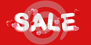 Sale banner template with 3D red and pink hearts on red background. Valentine's Day concept. Symol love. Vector