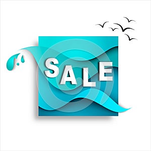 Sale banner template design on the background of sea waves. Paper illustration