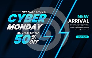 Sale banner template design with blue light effect on dark background, Cyber Monday special offer sale up to 50% off