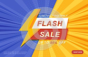 Sale banner template design with comic background. Flash sale special up to 80 percent off. End of season special offer