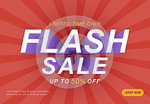 Sale banner template design with rays on a red background. Flash sale special up to 50 percent off. End of season special offer