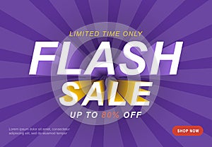 Sale banner template design with rayson a purple background. Flash sale special up to 80 percent off. End of season