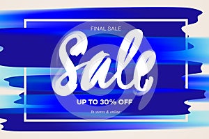 Sale banner template, midseason sale, blue watercolor background, vector illustration.