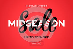 Sale banner template, midseason sale, red background, vector illustration.