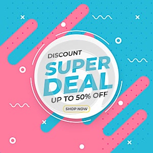 Sale banner template with super deal up to 50 percent off preset text on circle shape and liquid pink blue background photo