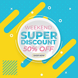 Sale banner template with super discount up to 50 percent off preset text on circle frame and liquid yellow blue background photo