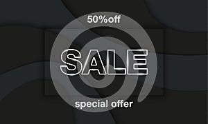 Sale banner template. White sale letters with shadow embossing frame on black paper cut layer background