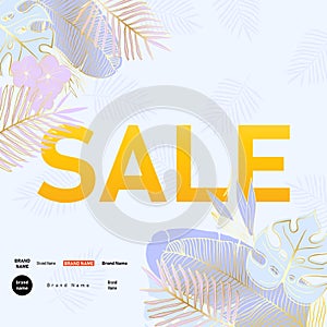 Sale banner with tropical palm leaves and flowers. Abstract background of jungle summer plants for advertising and marketing in