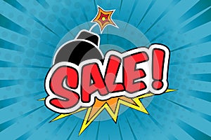 Sale banner, vector pop art illustration with comic bomb explosion on blue background, cartoon style image.
