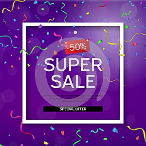 Sale banner. White frame with abstract geometric shapes around. Celebration. Serpentine and confetti. Vector