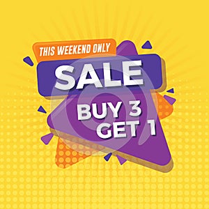 Sale banner with yellow background. Buy 3 get 1