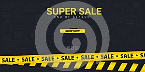Sale banner with yellow Caution lines. Hand draw doodle icons on the background.