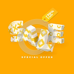 Sale banner in yellow color, 3D invert letters with pattern