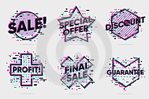 Sale banners collection. Cybersale signs set. Digital marketing design elements. Glitch style lable. Vector icons set.