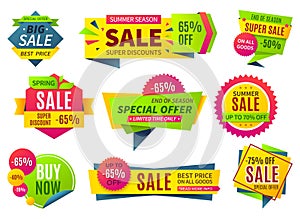 Sale banners. Price stickers collection, ribbons square and round shape badges and labels, discount coupons. Vector