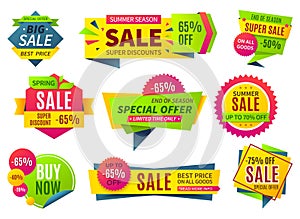 Sale banners. Price stickers collection, ribbons square and round shape badges and labels, discount coupons. Vector photo