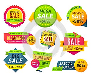 Sale banners. Price tag promotion stickers labels and coupons, sale ribbon shape offer badge. Vector discount banner photo