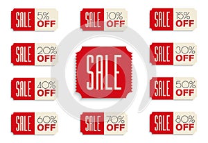 SALE banners set. 5% 10% 15% 20% 30% 40% 50% 60% 70% 80% OFF discount.