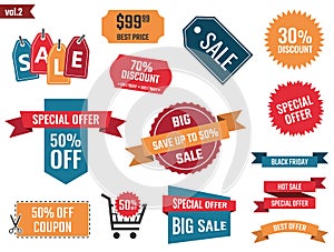 Sale banners set, discount coupons and labels, discount icons