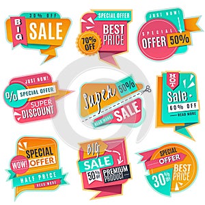 Sale banners set. Promotional discoun signs, advertising offer banner. Origami promotion sales vector tags