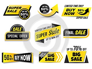 Sale banners. Special offer banner, low price tags and super sale badges vector set