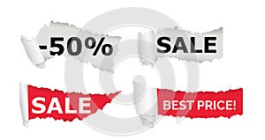 Sale Banners With Torn Paper. Special Offer Discount Hole Design Templates For Special Offer Promotion, Mockup