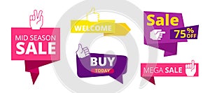 Sale banners. Welcome, discount stickers with like hand signs. Recommended symbols and sales labels vector set