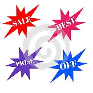 Sale, best, prise stickers colorful star and white letters icon 3d background brand and productions advertising