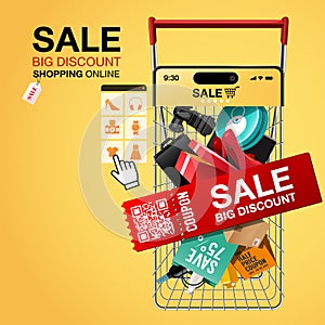 Sale Big Discount Shopping Online on Website or Mobile Application Vector Concept Marketing and Digital marketing.Online shopping