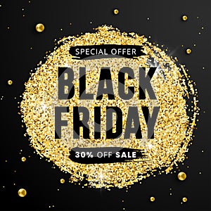 Sale Black Friday banner 30 percent off with glossy glitter sparkles and golden beads on black background. Vector illustration
