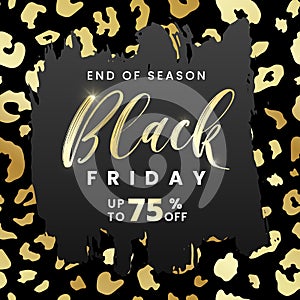 Sale Black Friday banner 75 off with black grunge brushstroke on glossy golden leopard skin texture background. Vector