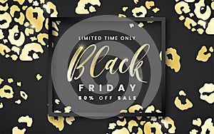 Sale Black Friday banner 50 percent off with black frame and golden leopard skin texture spots on black background. Vector