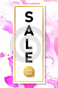 Sale. Black and Gold Banner Template with Marble Texture on White Background. Vertical Poster Design