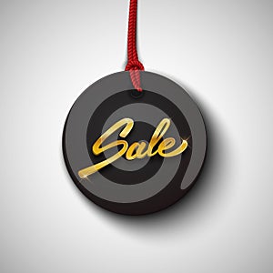 Sale black tag with gold text, round banner, advertising, black