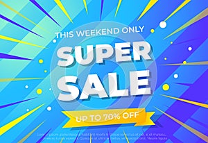 Sale blue banner, Big sale special up to 70% off. Super Sale, end of season special offer banner.