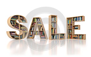 Sale from bookshelf with book in form of letters isolated on white background. Back to school sales concept.