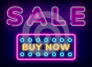 Sale Buy Now Button, Discount Neon Sign Vector