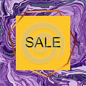 Sale card in gold frame on purple marble swirls background