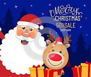 Sale card with santa claus, deer, winter forest and gifts. Cartoon illustration. Cute characters.