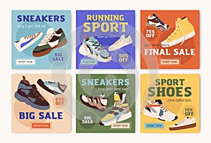 Sale cards designs set for sport store with fashion sneakers, trainers. Square ad backgrounds with shoes discount, price