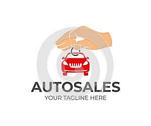 Sale of cars, hand holds key chain with machine, logo design. Autodealer, car showroom and transport, vector design. Transportatio