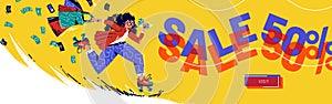 Sale cartoon landing page with running girl, ads