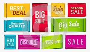 Sale clothes labels. Discount fabric tag, best deal coupons fabrics label and season sale textile tags realistic vector